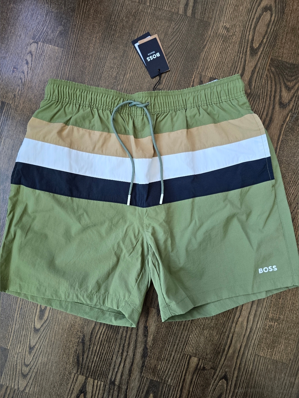 NWT Hugo Boss Olive Green Swim Trunks with Tan, White & Black Chevron Size L